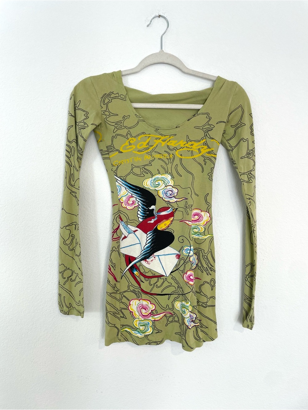 Ed Hardy Y2K Olive Green Long Sleeve Graphic Tee with Multicolor Swallow